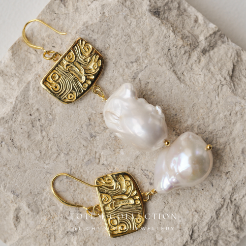 Elegant Golden Phoenix Feather - Totem - Baroque Pearl Silver Earrings