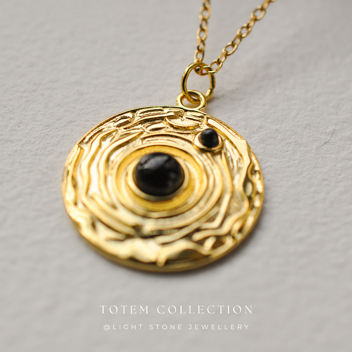 Neolithic Pot Pattern -  Totem - Gold - Plated Silver Necklace with Black Onyx