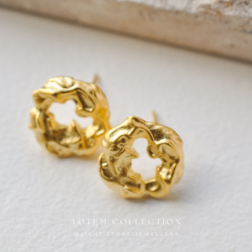 Golden Dragon Heart - Totem - Stud Silver Earrings