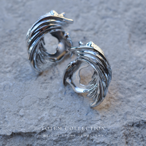 Rhodium Phoenix Feather - Totem - Stud Silver Earrings