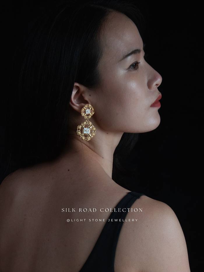 Elegant Thoughts - Silk Road - Enamel - Luxury Sterling Silver Earrings with delicate filigree design and lustrous gold finish, available at Light Stone Jewellery.