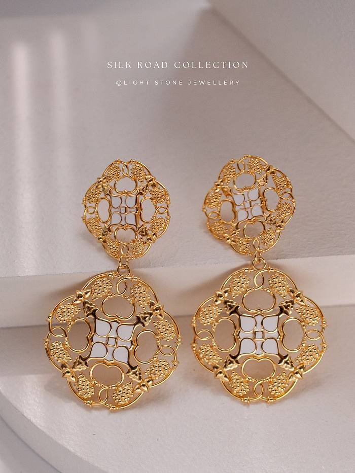 Elegant Thoughts - Silk Road - Enamel - Luxury Sterling Silver Earrings with delicate filigree design and lustrous gold finish, available at Light Stone Jewellery.