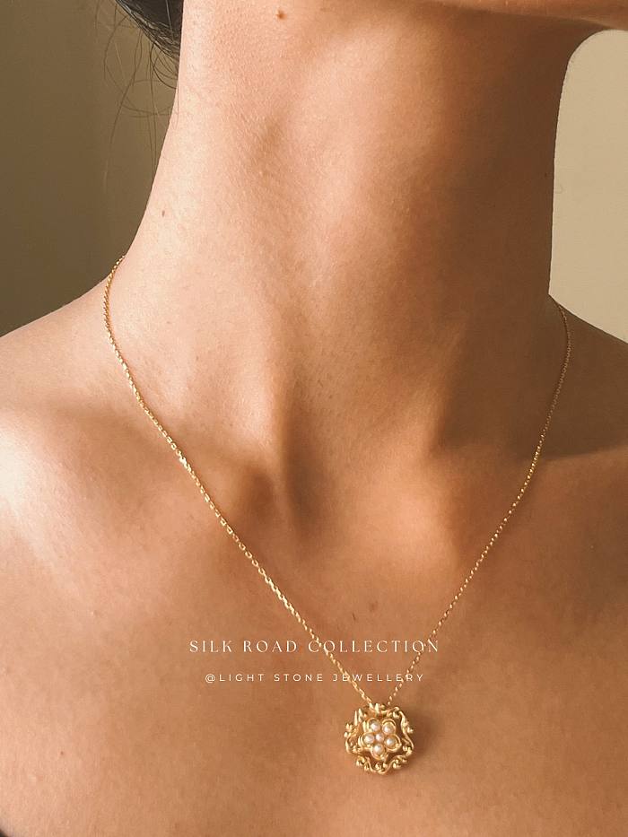 Honeysuckle Flower Pendant Necklace - Silk Road - Freshwater Pearls - Luxury Sterling Silver Necklace