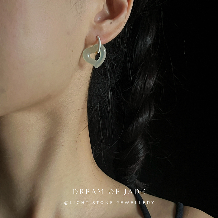 Graceful Heart Xiuyan Jade Earrings - Hand-Carved Heart Jade with Sterling Silver and Enamel Hoops - Versatile Styling - Perfect Gift - Designer Jewellery - Free Shipping Worldwide - Light Stone Jewellery