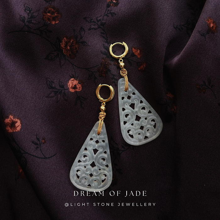 Teardrop Serenity Xiuyan Jade Earrings - Hand-Carved Teardrop Jade with Gold Plated Sterling Silver Hoops and Wrapped Gold Thread - Perfect Gift - Designer Jewellery - Free Shipping Worldwide - Light Stone Jewellery