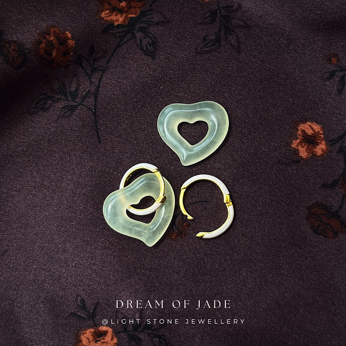 Graceful Heart Xiuyan Jade Earrings - Hand-Carved Heart Jade with Sterling Silver and Enamel Hoops - Versatile Styling - Perfect Gift - Designer Jewellery - Free Shipping Worldwide - Light Stone Jewellery