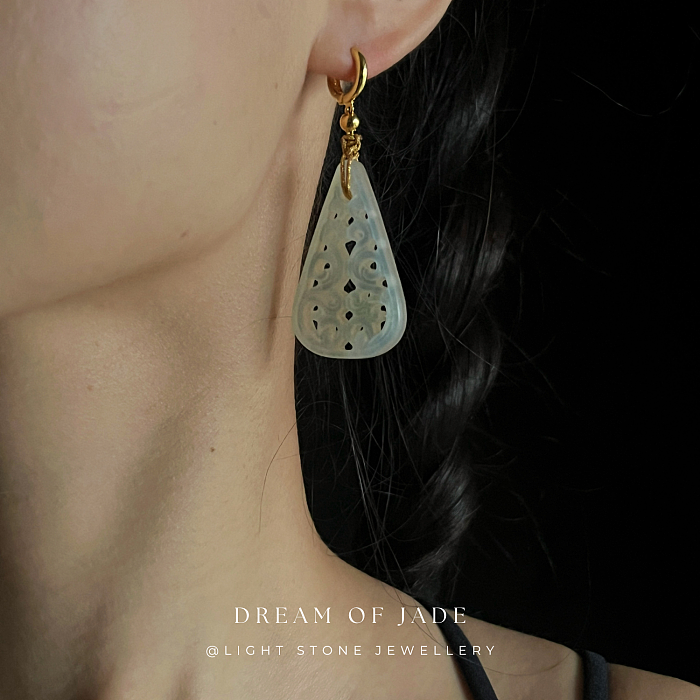 Teardrop Serenity Xiuyan Jade Earrings - Hand-Carved Teardrop Jade with Gold Plated Sterling Silver Hoops and Wrapped Gold Thread - Perfect Gift - Designer Jewellery - Free Shipping Worldwide - Light Stone Jewellery