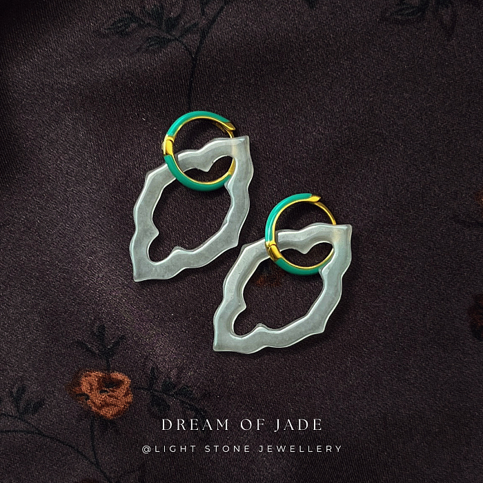 	Ancient Window Grace White Jade Earrings on Display - Hand-Carved Diamond-Shaped Jade with Sterling Silver-Gilt and Green Enamel Hoops - Inspired by Ancient Chinese Design - Perfect Gift - Light Stone Jewellery