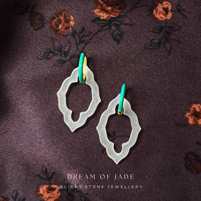 	Ancient Window Grace White Jade Earrings on Display - Hand-Carved Diamond-Shaped Jade with Sterling Silver-Gilt and Green Enamel Hoops - Inspired by Ancient Chinese Design - Perfect Gift - Light Stone Jewellery