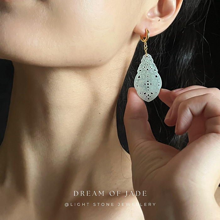 Prosperity Blossom - Dream of Jade - Xiuyan Jade - 18K Gold Plated Sterling Silver Hoop Earrings