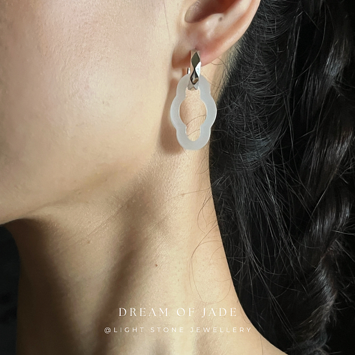 Ancient Window Grace White Jinsi Jade Earrings - Hand-Carved Diamond-Shaped White Jade with Faceted Sterling Silver Hoops - Versatile Styling - Perfect Gift - Designer Jewellery - Free Shipping Worldwide - Light Stone Jewellery