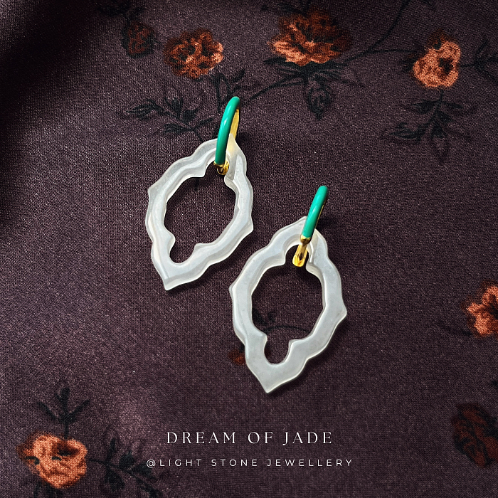 	Ancient Window Grace White Jade Earrings on Display - Hand-Carved Diamond-Shaped Jade with Sterling Silver-Gilt and Green Enamel Hoops - Inspired by Ancient Chinese Design - Perfect Gift - Light Stone Jewellery