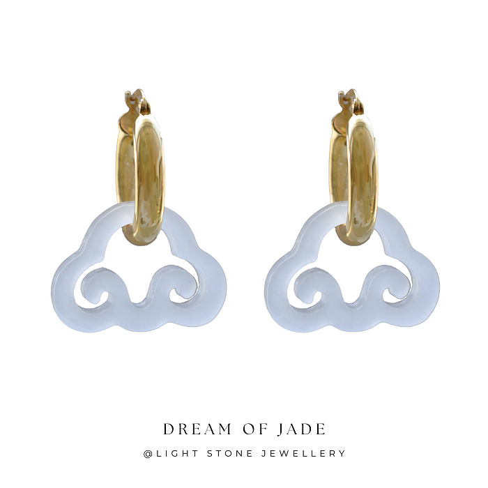 Cloud Dream Jinsi Jade Earrings on Display - Hand-Carved Cloud Jade with Gold Plated Sterling Silver Hoops - Inspired by Traditional Chinese Design - Perfect Gift - Light Stone Jewellery