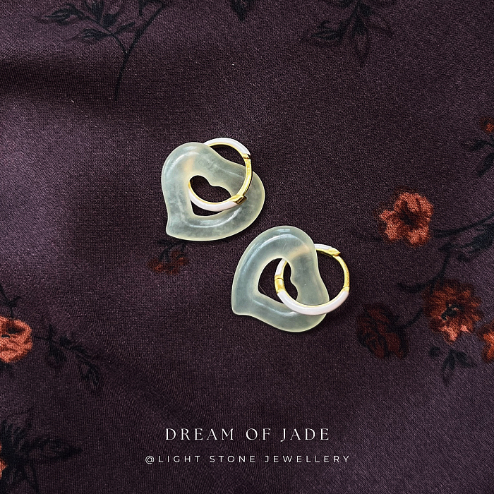 Graceful Heart Xiuyan Jade Earrings - Hand-Carved Heart Jade with Sterling Silver and Enamel Hoops - Versatile Styling - Perfect Gift - Designer Jewellery - Free Shipping Worldwide - Light Stone Jewellery