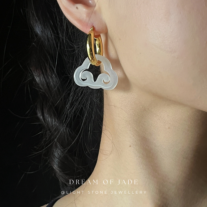 Cloud Dream Jinsi Jade Earrings on Display - Hand-Carved Cloud Jade with Gold Plated Sterling Silver Hoops - Inspired by Traditional Chinese Design - Perfect Gift - Light Stone Jewellery