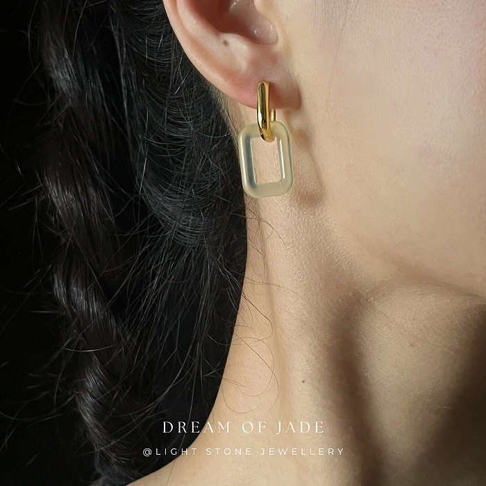 Rectangular Radiance Xiuyan Jade Earrings - Hand-Carved Rectangular Jade with Gold Plated Sterling Silver Hoops - Versatile Styling - Perfect Gift - Designer Jewellery - Free Shipping Worldwide - Light Stone Jewellery