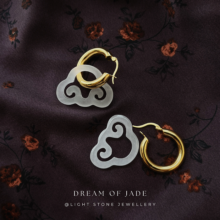 Cloud Dream Jinsi Jade Earrings on Display - Hand-Carved Cloud Jade with Gold Plated Sterling Silver Hoops - Inspired by Traditional Chinese Design - Perfect Gift - Light Stone Jewellery