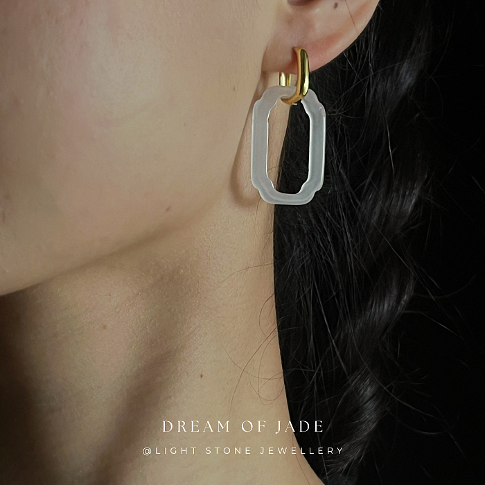 Rectangular Window Jinsi Jade Earrings - Hand-Carved Window Jade with Gold Plated Sterling Silver Hoops - Inspired by Ancient Chinese Architecture - Perfect Gift - Designer Jewellery - Free Shipping Worldwide - Light Stone Jewellery