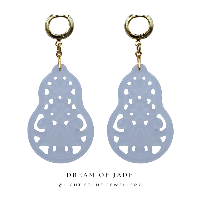 Prosperity Hulu - Dream of Jade - Jinsi White Jade Earrings  - Silver-plated - Dangle Earrings