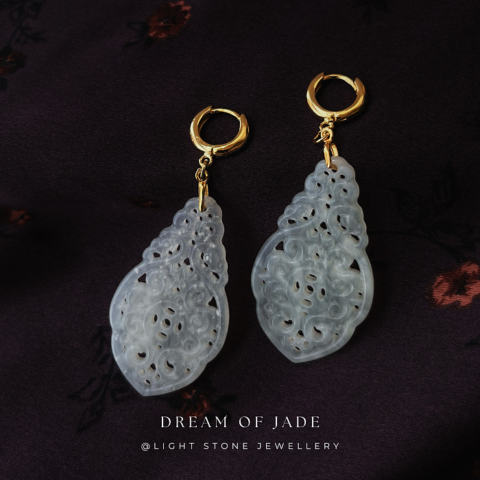 Unique Prosperity Blossom Xiuyan Jade Earrings - Hand-Carved Jade with Gold Plated Sterling Silver Hoops - Perfect Gift - Designer Jewellery - Free Shipping Worldwide - Light Stone Jewellery