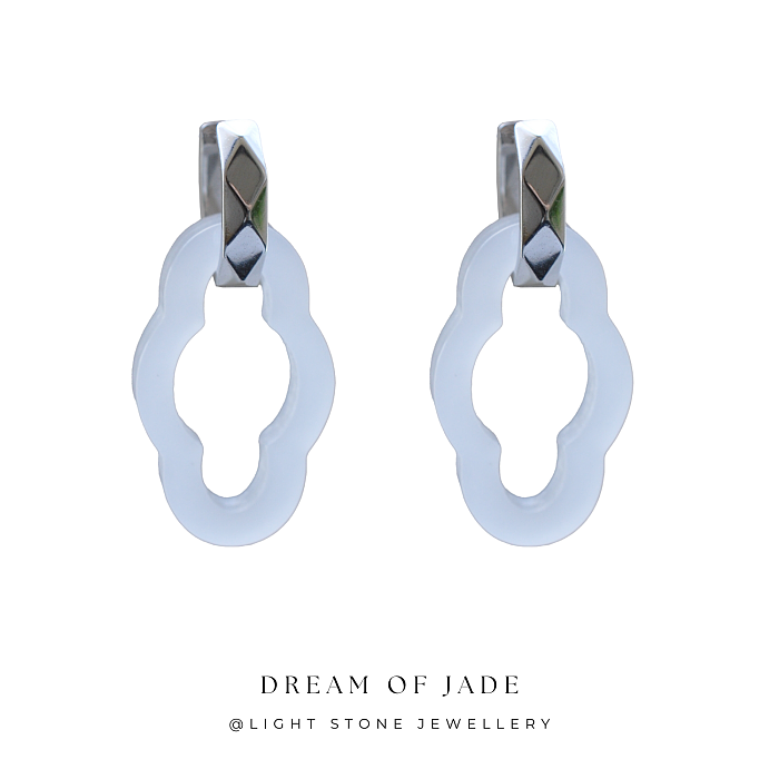 Ancient Window Grace White Jinsi Jade Earrings - Hand-Carved Diamond-Shaped White Jade with Faceted Sterling Silver Hoops - Versatile Styling - Perfect Gift - Designer Jewellery - Free Shipping Worldwide - Light Stone Jewellery