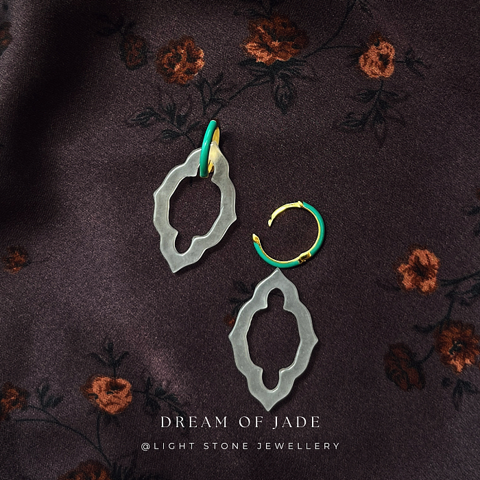 	Ancient Window Grace White Jade Earrings on Display - Hand-Carved Diamond-Shaped Jade with Sterling Silver-Gilt and Green Enamel Hoops - Inspired by Ancient Chinese Design - Perfect Gift - Light Stone Jewellery