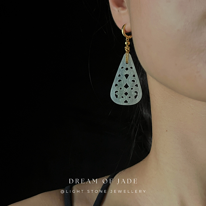 Teardrop Serenity Xiuyan Jade Earrings - Hand-Carved Teardrop Jade with Gold Plated Sterling Silver Hoops and Wrapped Gold Thread - Perfect Gift - Designer Jewellery - Free Shipping Worldwide - Light Stone Jewellery