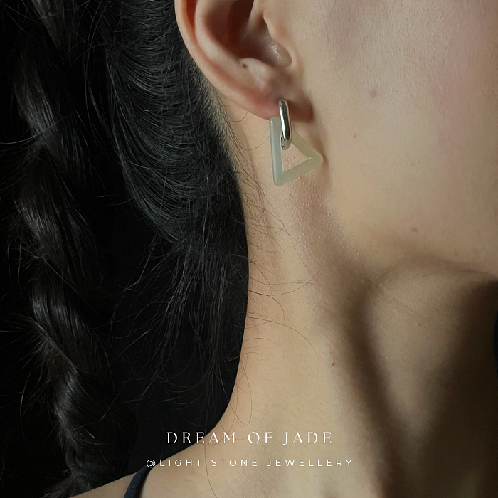 Triangular Harmony Xiuyan Jade Earrings - Hand-Carved Triangular Jade with Gold Plated Sterling Silver Hoops - Versatile Styling - Perfect Gift - Designer Jewellery - Free Shipping Worldwide - Light Stone Jewellery