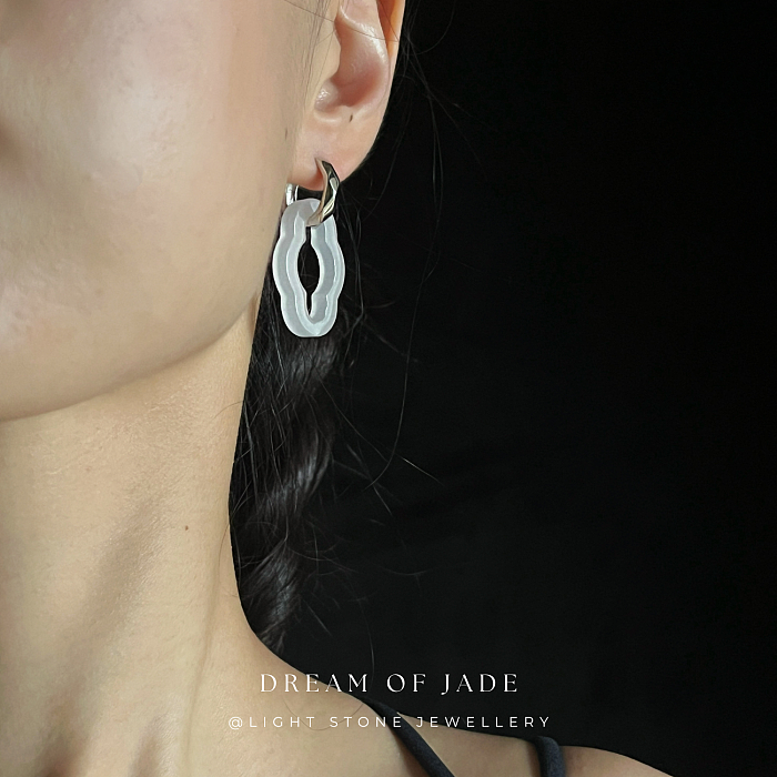 Ancient Window Grace White Jinsi Jade Earrings - Hand-Carved Diamond-Shaped White Jade with Faceted Sterling Silver Hoops - Versatile Styling - Perfect Gift - Designer Jewellery - Free Shipping Worldwide - Light Stone Jewellery