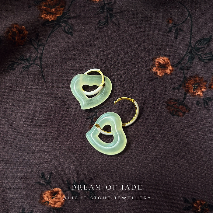 Graceful Heart Xiuyan Jade Earrings - Hand-Carved Heart Jade with Sterling Silver and Enamel Hoops - Versatile Styling - Perfect Gift - Designer Jewellery - Free Shipping Worldwide - Light Stone Jewellery