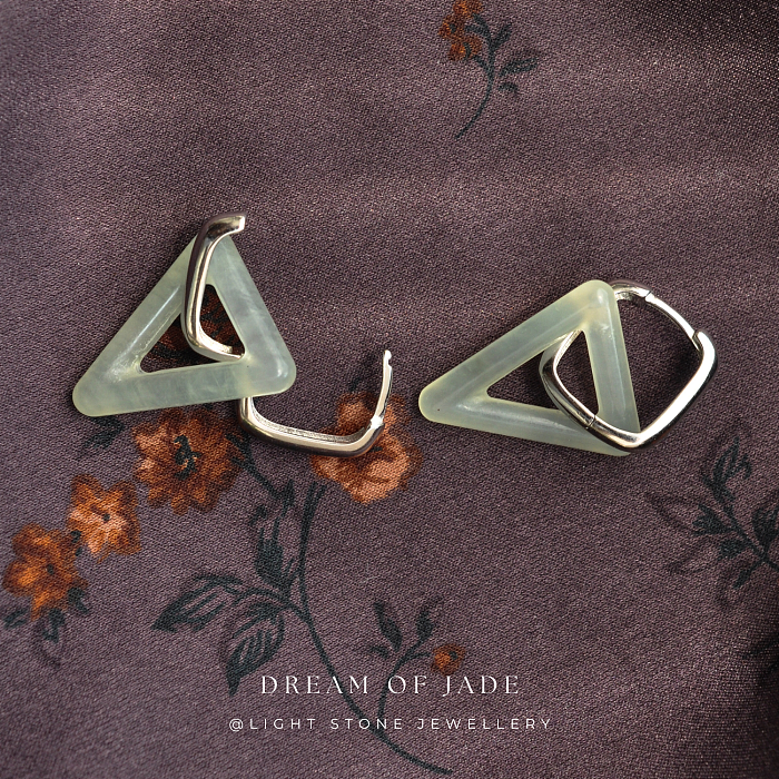 Triangular Harmony Xiuyan Jade Earrings - Hand-Carved Triangular Jade with Gold Plated Sterling Silver Hoops - Versatile Styling - Perfect Gift - Designer Jewellery - Free Shipping Worldwide - Light Stone Jewellery