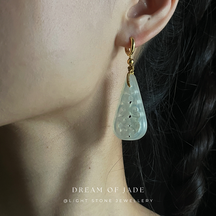 Teardrop Serenity Xiuyan Jade Earrings - Hand-Carved Teardrop Jade with Gold Plated Sterling Silver Hoops and Wrapped Gold Thread - Perfect Gift - Designer Jewellery - Free Shipping Worldwide - Light Stone Jewellery