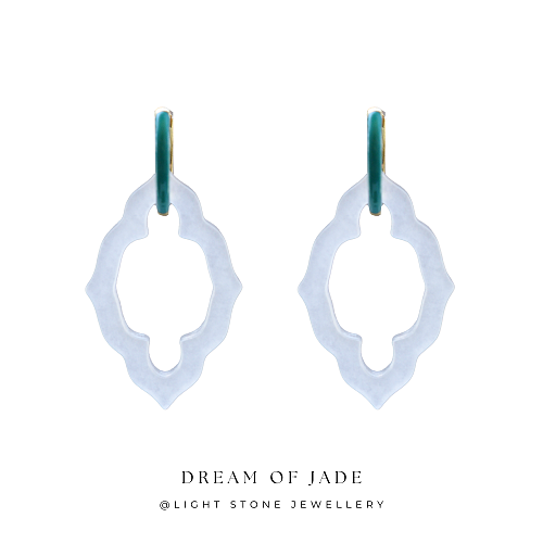 Ancient Window Grace - Dream of Jade - Jinsi White Jade Earrings  - Silver-gilt Green Enamel Hoop Earrings