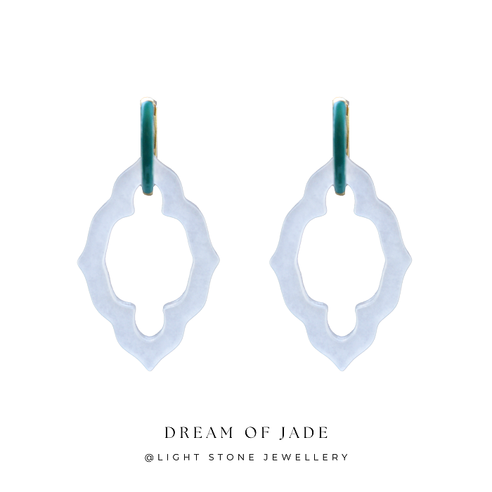 	Ancient Window Grace White Jade Earrings on Display - Hand-Carved Diamond-Shaped Jade with Sterling Silver-Gilt and Green Enamel Hoops - Inspired by Ancient Chinese Design - Perfect Gift - Light Stone Jewellery