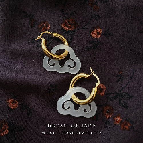 Cloud Dream - Dream of Jade - Jinsi White Jade Earrings  - Gold Plated Silver - Hoop Earrings
