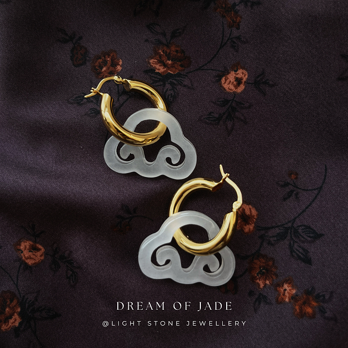 Cloud Dream Jinsi Jade Earrings on Display - Hand-Carved Cloud Jade with Gold Plated Sterling Silver Hoops - Inspired by Traditional Chinese Design - Perfect Gift - Light Stone Jewellery