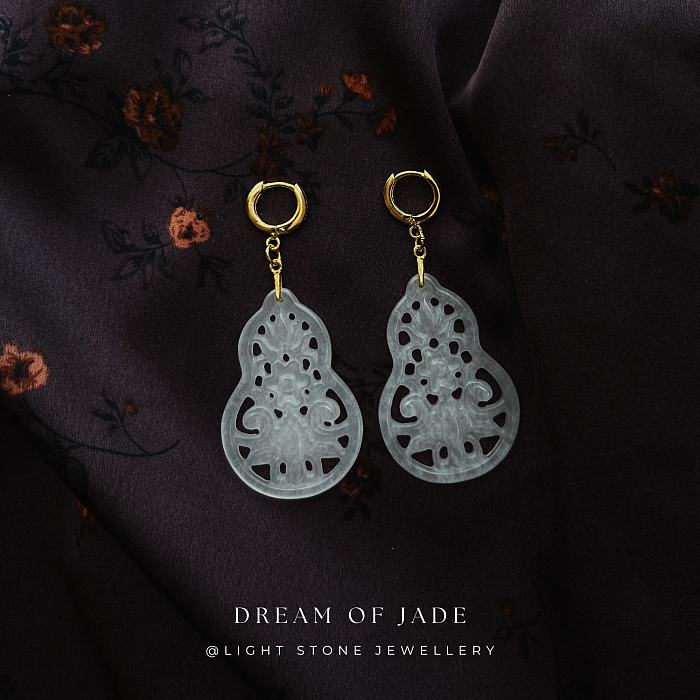 Hulu Harmony Jinsi Jade Earrings - Hand-Carved Hulu Jade with Gold Plated Sterling Silver Hoops - Prosperity and Blessings - Perfect Gift - Designer Jewellery - Free Shipping Worldwide - Light Stone Jewellery