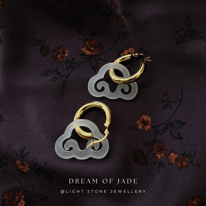 Cloud Dream Jinsi Jade Earrings on Display - Hand-Carved Cloud Jade with Gold Plated Sterling Silver Hoops - Inspired by Traditional Chinese Design - Perfect Gift - Light Stone Jewellery