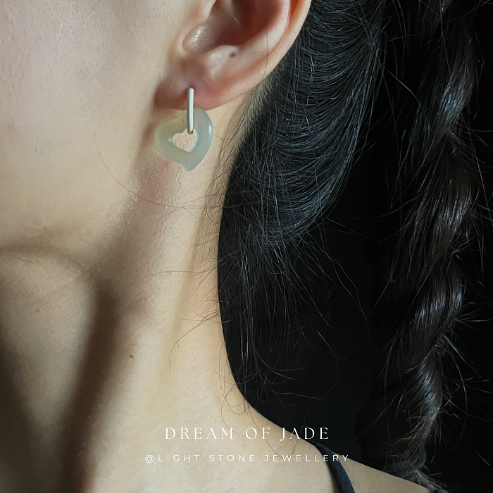 Graceful Heart Xiuyan Jade Earrings - Hand-Carved Heart Jade with Sterling Silver and Enamel Hoops - Versatile Styling - Perfect Gift - Designer Jewellery - Free Shipping Worldwide - Light Stone Jewellery