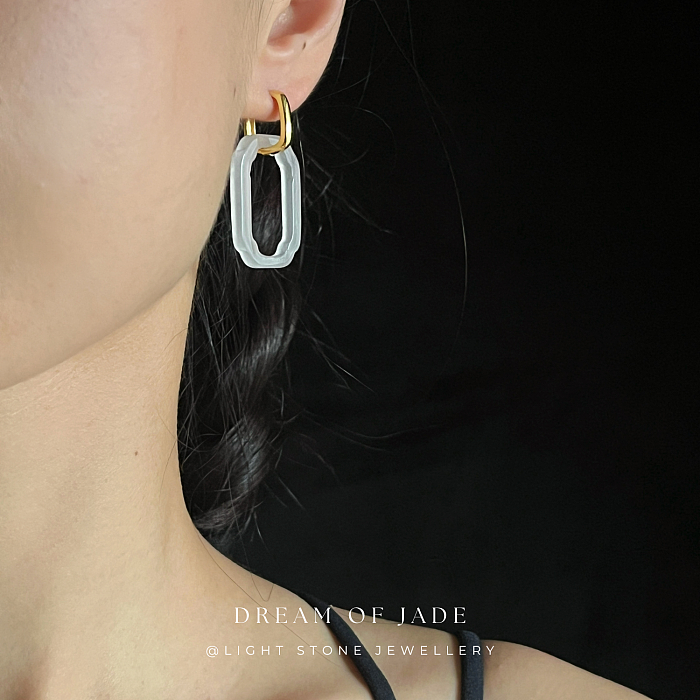 Rectangular Window Jinsi Jade Earrings - Hand-Carved Window Jade with Gold Plated Sterling Silver Hoops - Inspired by Ancient Chinese Architecture - Perfect Gift - Designer Jewellery - Free Shipping Worldwide - Light Stone Jewellery