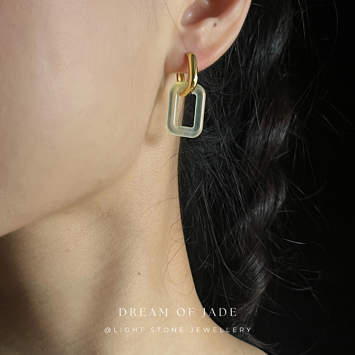 Rectangular Radiance Xiuyan Jade Earrings - Hand-Carved Rectangular Jade with Gold Plated Sterling Silver Hoops - Versatile Styling - Perfect Gift - Designer Jewellery - Free Shipping Worldwide - Light Stone Jewellery