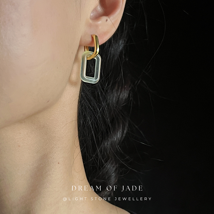 Rectangular Radiance Xiuyan Jade Earrings - Hand-Carved Rectangular Jade with Gold Plated Sterling Silver Hoops - Versatile Styling - Perfect Gift - Designer Jewellery - Free Shipping Worldwide - Light Stone Jewellery