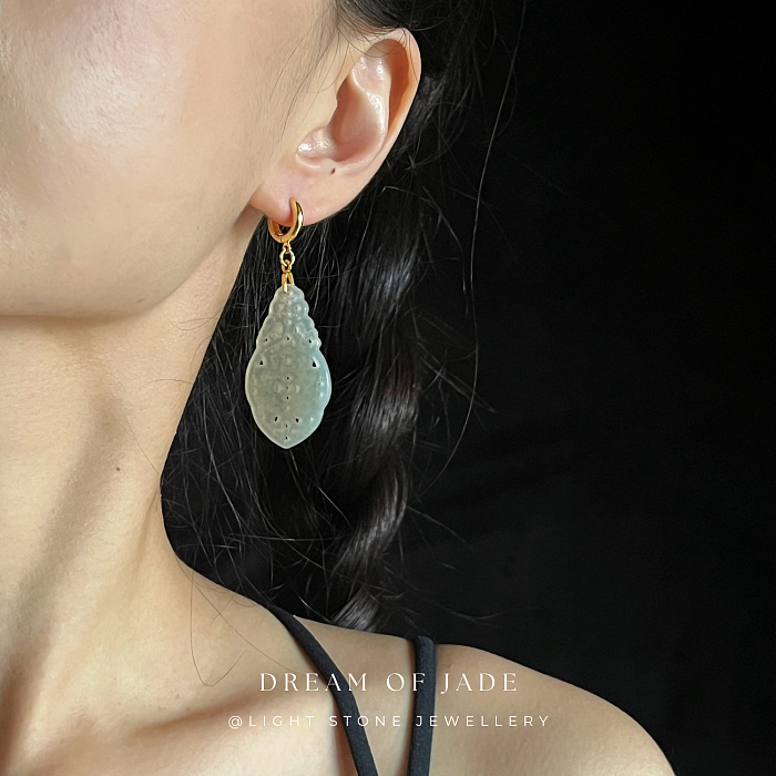 Unique Prosperity Blossom Xiuyan Jade Earrings - Hand-Carved Jade with Gold Plated Sterling Silver Hoops - Perfect Gift - Designer Jewellery - Free Shipping Worldwide - Light Stone Jewellery