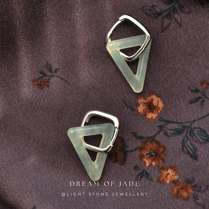 Triangular Harmony Xiuyan Jade Earrings - Hand-Carved Triangular Jade with Gold Plated Sterling Silver Hoops - Versatile Styling - Perfect Gift - Designer Jewellery - Free Shipping Worldwide - Light Stone Jewellery