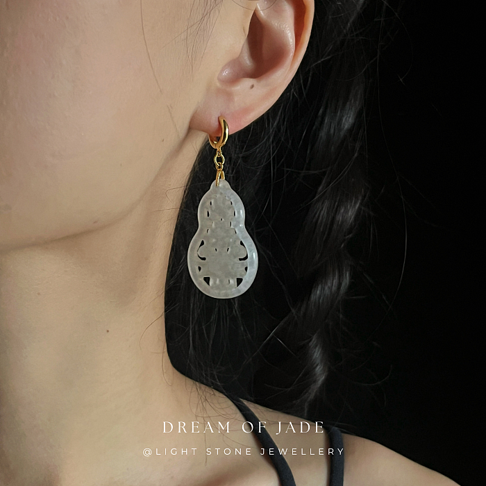 Hulu Harmony Jinsi Jade Earrings - Hand-Carved Hulu Jade with Gold Plated Sterling Silver Hoops - Prosperity and Blessings - Perfect Gift - Designer Jewellery - Free Shipping Worldwide - Light Stone Jewellery