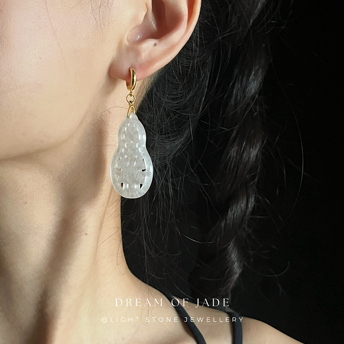 Hulu Harmony Jinsi Jade Earrings - Hand-Carved Hulu Jade with Gold Plated Sterling Silver Hoops - Prosperity and Blessings - Perfect Gift - Designer Jewellery - Free Shipping Worldwide - Light Stone Jewellery