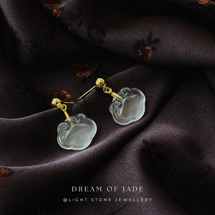 Cloud Grace Shui Mo Jade Earrings - Hand-Carved Lucky Cloud Jade with Gold Plated Silver Posts - Versatile Styling - Perfect Gift - Designer Jewellery - Free Shipping Worldwide - Light Stone Jewellery