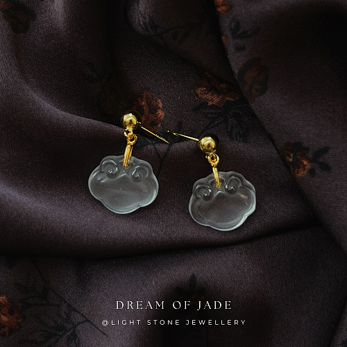 Cloud Grace - Dream of Jade - Shui Mo White Jade Earrings - Gold Plated Silver - Stud Earrings