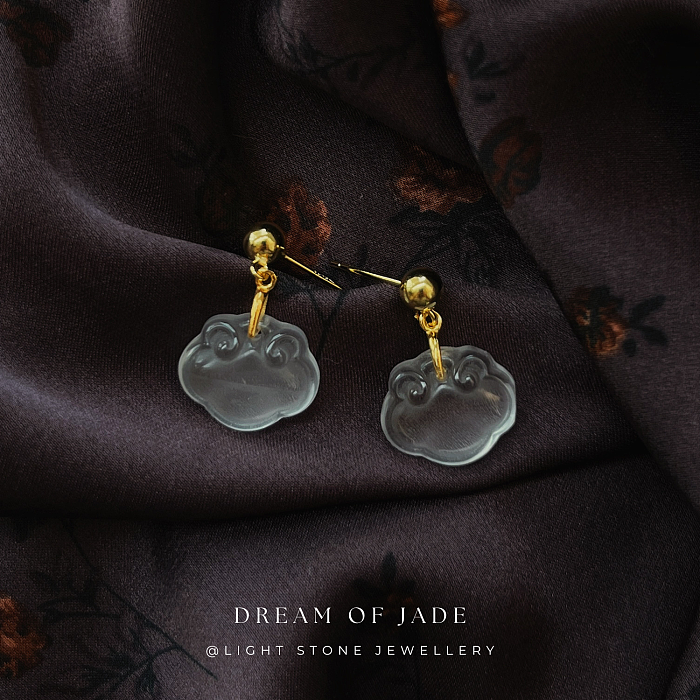 Cloud Grace Shui Mo Jade Earrings - Hand-Carved Lucky Cloud Jade with Gold Plated Silver Posts - Versatile Styling - Perfect Gift - Designer Jewellery - Free Shipping Worldwide - Light Stone Jewellery