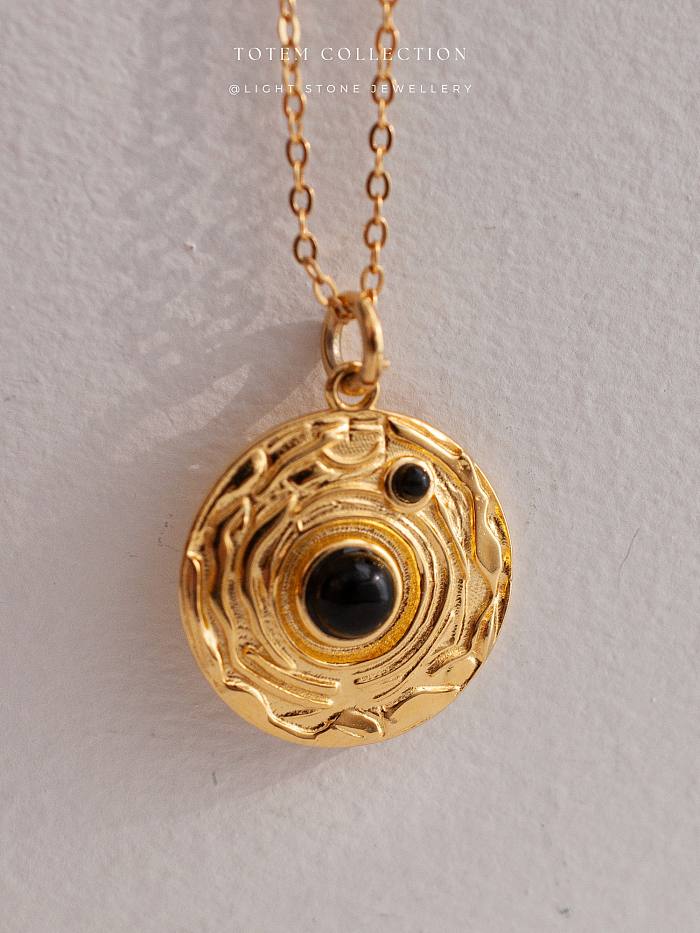 Neolithic Pot Pattern -  Totem - Gold - Plated Silver Necklace with Black Onyx